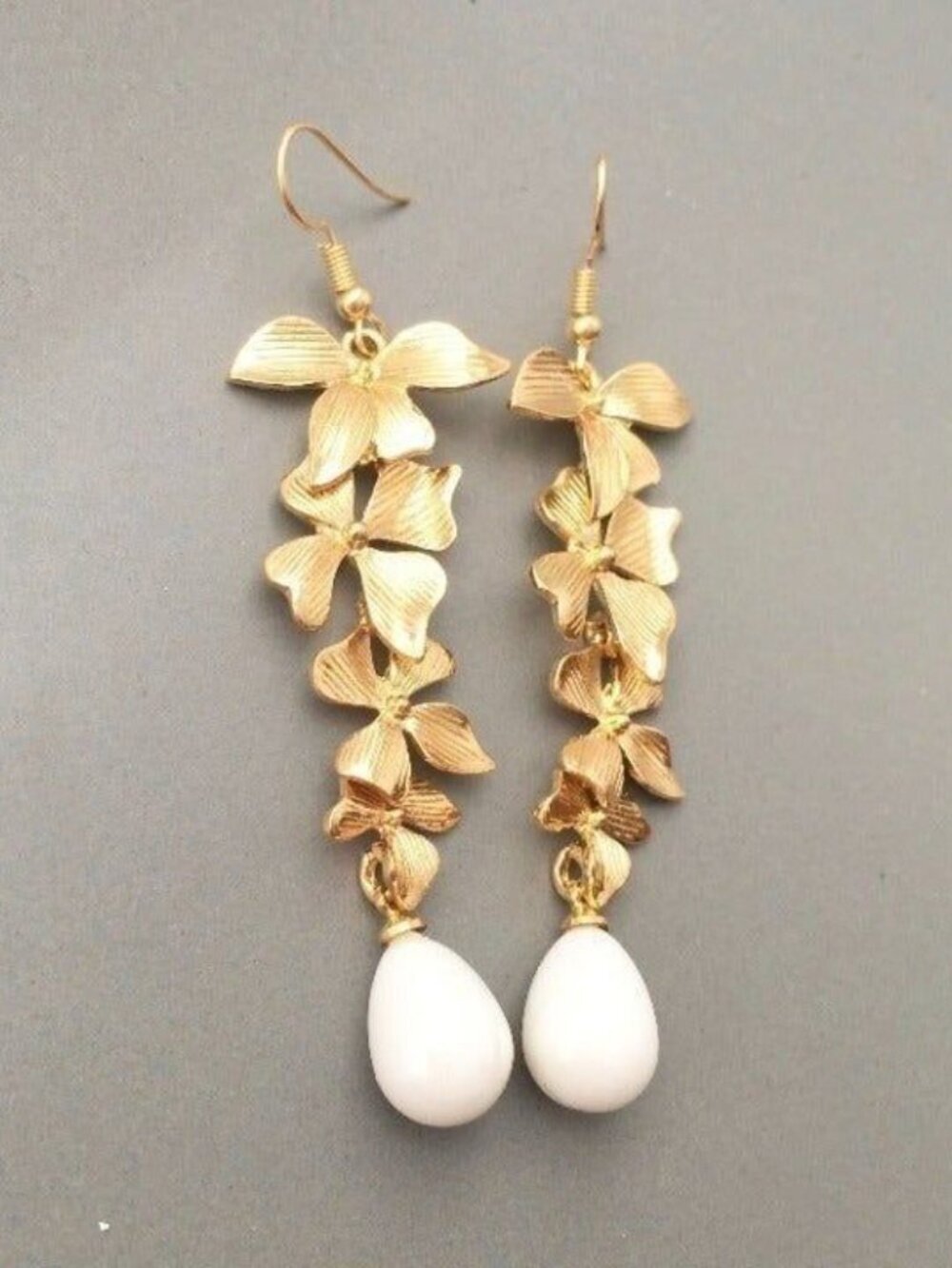 Elegant Gold & White Orchid Drop Pearl Earrings